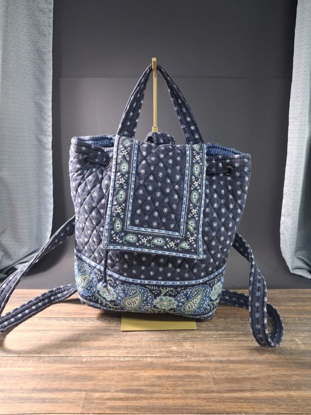 Vtg Vera Bradley Mimi Backpack Seaport Navy Sky Blye Paisley Quilted Cotton Bag